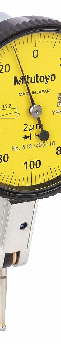 MITUTOYO Horizontal Dial Test Indicator: 0 mm to 0.2 mm, Horizontal, Metric, 4µm (MPN 513-405-10E). Key specifications — attr1184166: Carbide Point; attr1200917: Horizontal Dial Test Indicator; attr1184127: 513-405-10E; attr1184167: MITUTOYO; attr1184108: 4µm; attr1184144: Short Form Certificate of Inspection with NIST Traceability.