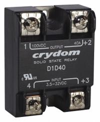 CRYDOM Solid State Relay: Surface Mounted, 40 A Max Output Current, MOSFET, DC Output (MPN D1D40). Key specifications — Brand: CRYDOM; Current Type: DC; Electrical Connection: Screw Clamp; Finger Safe: No; Input Current: 15 mA; Maximum Output Current without Heat Sink: Not Recommended; Mounting Style: Panel; Output Voltage: 1 to 72V DC.