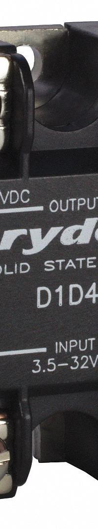 CRYDOM Solid State Relay: Surface Mounted, 40 A Max Output Current, MOSFET, DC Output (MPN D1D40). Key specifications — Brand: CRYDOM; Current Type: DC; Electrical Connection: Screw Clamp; Finger Safe: No; Input Current: 15 mA; Maximum Output Current without Heat Sink: Not Recommended; Mounting Style: Panel; Output Voltage: 1 to 72V DC.