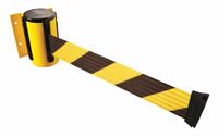 TENSABARRIER Retractable Belt Barrier: Fixed Mounting Plate, 7 1/2 ft Belt Lg, Pattern, Black/Yellow (MPN 896-STD-35-STD-NO-D4X-C). Key specifications — Frame Color: Yellow; Brand: TENSABARRIER; Belt Color: Black/Yellow.