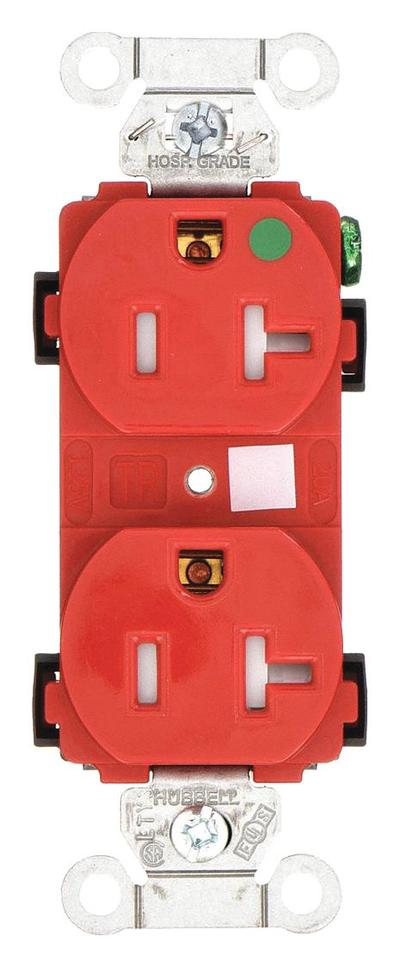 HUBBELL Receptacle: Hospital Grade Fed. Spec., Duplex, 5-20R, Red, 125V AC, 20 A - General Purpose Receptacles