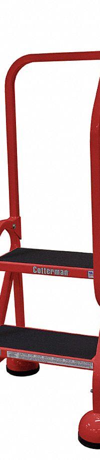 COTTERMAN Rolling Ladder: 1.5 ft Platform Ht, Partially Assembled, Steel, Wt-Actuated Auto-Lock (MPN ST-203 A2 C6 P5). Key specifications — Includes Handrails: Handrails Included; Material: Steel; Brand: COTTERMAN; Color: Red.