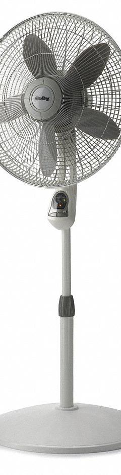 AIR KING Freestanding Fan: 18 in Blade Dia, 50 1/2 in Ht, 3 Speeds, Oscillating, White, Steel (MPN 9880). Key specifications — Brand: AIR KING; Number of Speeds: 3; Guard Material: Steel; Voltage: 120V AC; Oscillation: Oscillating; Includes Remote Control: Yes; Application: Home and Office; Power Source: Plug-In.