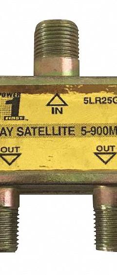 POWER FIRST Cable Splitter: (1) F-Type Female x (2) F-Type Female Splitter, Max. 900 MHz, Gold (MPN 5LR25). Key specifications — Product Type: Audio/Video Splitter; Manufacturer Part Number: 5LR25; Color: Gold; Brand: POWER FIRST; End 1 Connection Type: F-Type Female; End 2 Connection Type: F-Type Female.