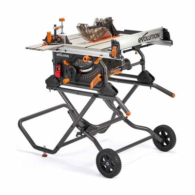 EVOLUTION Table Saw: 110 V AC Volt, 15 A Current, 14 9/16 in Left to 25 9/16 in Right - Folding Stand Portable Table Saws