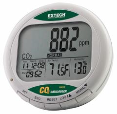 EXTECH Indoor Air Quality Meter: 0.1%to 99.9% Relative Humidity Measured, 14°F to 140°F, CO210, USB. Key specifications — Interface: USB; Parameters Measured: Temperature °C; Brand: EXTECH; Features: Maintenance Free NDIR Sensor; Includes: AC Adapter; Software Options: Software Included; Data Logger Type: Temperature.