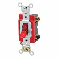 LEVITON Wall Switch: Toggle Switch, Double Pole, Maintained, Red, 277V AC, 20 A (MPN 1222-7PR). Key specifications — Illuminated: Yes.