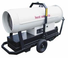 HEAT WAGON Portable Oil and Kerosene Torpedo Heater: Wheeled Mounted, 17,500 sq ft Heating Area (MPN HVF410). Key specifications — Key Features: LED Diagnostics; Portability: Wheeled Mounted; Brand: HEAT WAGON; Tank Capacity/Hours on One Filling: 57 gal/20 hr; Overall Dimensions - H x L x D: 48 in x 83 in x 83 in.