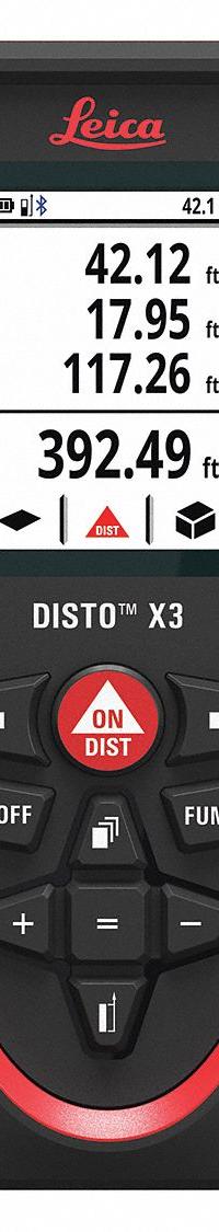 LEICA DISTO Laser Distance Meter: Distance Measurement, Inch/Metric, 0 m – 150 m, ± 1 mm, AAA, Red (MPN Disto X3). Key specifications — attr938983: Inches; attr938974: Distance Measurement; attr934751: LEICA DISTO; attr938968: ± 1 mm; attr938975: Strap; attr938977: Red.