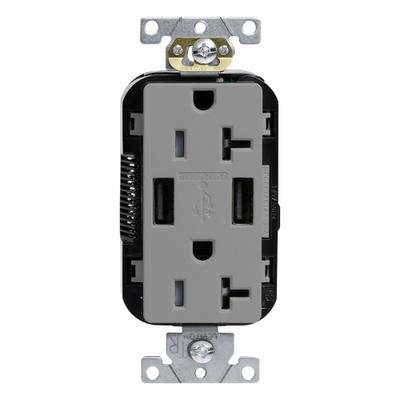 LEVITON Receptacle: Duplex, 5-20R, Gray, 125V AC - Weather-Resistant Receptacles with USB Chargers