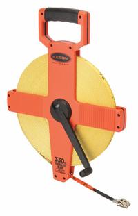 KESON Long Tape Measure: Manual, OTR-18M-300, Metric/SAE, 300 ft / 100 m, 1/8 in/2 mm, Plastic, Open. Key specifications — attr939846: OTR-18M-300; attr939849: Fiberglass; attr939859: Nonmagnetic Double Hook; attr939850: Double-Sided; attr939855: 2 mm; attr944023: Hook End; attr940484: KESON; attr985224: Plastic.