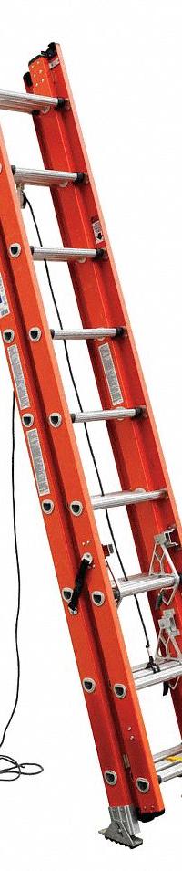 WERNER Extension Ladder: 24 ft Ladder Size, Fiberglass, 300 lb Load Capacity, 61 lb Wt, 3 Sections (MPN D6224-3). Key specifications — Color: Orange; Brand: WERNER; Included Features: Mar-Resistant End Caps; Removable Fly: Removable.