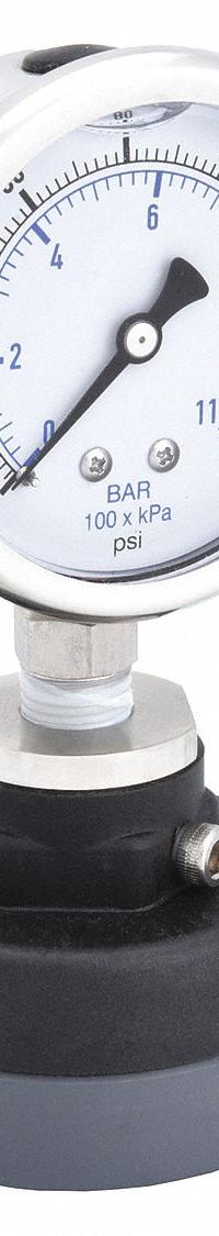 KODIAK Pressure Gauge with Diaphragm Seal: 0 psi to 160 psi, KC301, 2 1/2 in Dial, PTFE, PVC, Bottom (MPN KC301L25160/PLDS-PVC-T11). Key specifications — Brand: KODIAK; Gauge Case Liquid: Glycerin; Seal Fill Liquid: Mineral Oil; Gauge Case Material: 304 Stainless Steel; Seal Lower Housing Material: PVC; Accuracy: ±1.60%; Gauge Wetted Parts: Stainless Steel.