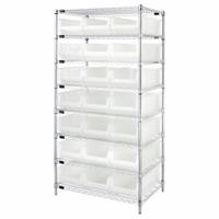 QUANTUM STORAGE SYSTEMS Shelving Unit: 36 in x 24 in x 74 in, 1 Sided, 21 Bins, Shelf Bin, Clear (MPN WR8-952CL). Key specifications — Includes Bins: Yes; Frame Color: Chrome; Bin HxWxD: 12 x 22-1/2 x 23-7/8 in; Frame Material: Carbon Steel; Bin Color: Clear; Bin Style: Shelf; Brand: QUANTUM STORAGE SYSTEMS.