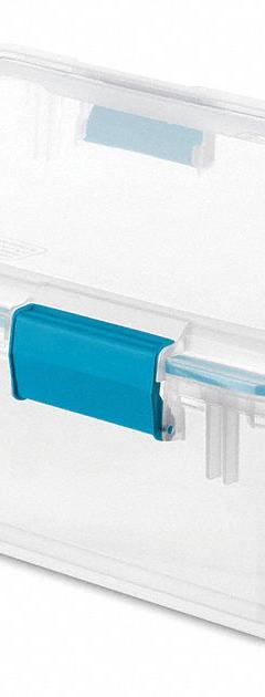 STERILITE Storage Tote: 9.3 gal, 24 in x 18 in x 7 in, Clear Body Body, Blue Lid, Less than 10 gal (MPN 19314304). Key specifications — attr1188666: Plastic; attr1188675: Clear Body; attr1188676: Blue; attr1188687: STERILITE.