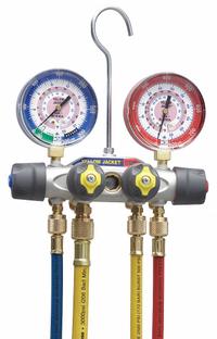 YELLOW JACKET Manifold Gauge: 4 Valves, 4 Hoses, Series Titan, 3 1/8 in Gauge (MPN 49987). Key specifications — Hose Connection Type: 45° SAE; Product Type: Manifold Gauge Set; For Refrigerant Type: R-134A; Brand: YELLOW JACKET; Gauge Boots: No; Sight Glass: Yes.