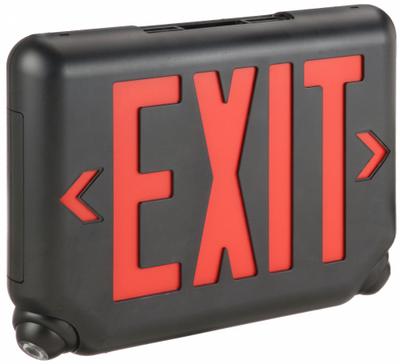 DUAL-LITE Exit Sign with Emergency Lights: Black, 1 or 2 Faces, Red, LED, Ceiling/Wall - Plastic Exit Signs with Round Bottom-Mount Light Heads