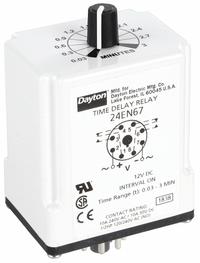 DAYTON Single Function Time Delay Relay: Socket Mounted, 12V DC, 10 A, 8 Pins/Terminals, Interval (MPN 24EN67). Key specifications — Brand: DAYTON.