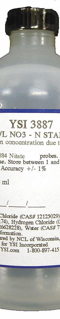 YSI Calibration Solution - Nitrate Standard: Lab, 500 mL Volume, 100 mg/L, 3887, 1. Key specifications — Brand: YSI; Chemical Grade: Lab; Concentration: 100 mg/L; Manufacturer Part Number: 3887; Product Type: Calibration Solution - Nitrate Standard.
