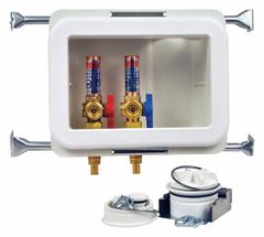 OATEY Outlet Box: PEX 1807, 1/4 in Turn, Adj, 8.33 in Box Wd, 5.5 in Box Ht (MPN 38480). Key specifications — Valve Connection: 1/4 in Turn; Inlet Connection: PEX 1807; Drain Location: Adjustable; Brand: OATEY.