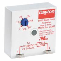 DAYTON Single Function Encapsulated Timing Relay: Surface Relay Mounting, 12 to 48V DC/24 to 240V AC (MPN 2A562). Key specifications — Input Voltage: 12 to 48V DC; Brand: DAYTON.