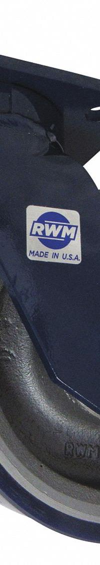 RWM Plate Caster: Swivel, Polyurethane, 8 in Wheel Dia, 3 in Wheel Wd, 10 1/2 in Mounting Ht, Ball (MPN 76-UIB-0830-S-Q). Key specifications — Wheel/Tread Color: Blue; Brand: RWM; Roll Up: Swivel.