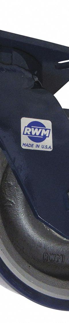 RWM Plate Caster: Swivel, Polyurethane, 8 in Wheel Dia, 3 in Wheel Wd, 10 1/2 in Mounting Ht, Ball (MPN 76-UIB-0830-S-Q). Key specifications — Wheel/Tread Color: Blue; Brand: RWM; Roll Up: Swivel.