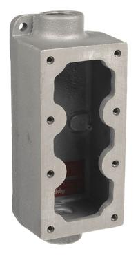 APPLETON ELECTRIC Mounting Body: 3 Gangs, Aluminum, 1/2 in Hub Size, Feed Through, Rectangular (MPN EDSC147-SA). Key specifications — Brand: APPLETON ELECTRIC; Hub Type: Feed Through.