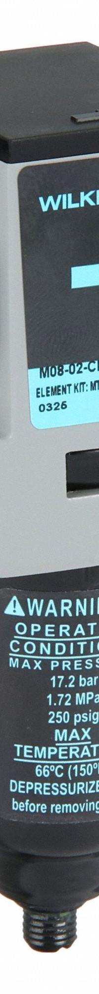 WILKERSON Filter: Coalescing, 1/4 in NPT, 0.01 micron, 7.5 scfm, 150 psig Max Op Pressure, 08 (MPN M08-02-CK00B). Key specifications — attr110055: 08; attr110008: WILKERSON.