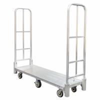 NEW AGE INDUSTRIAL Platform Truck: 1,500 lb, 20 in L x 9 5/8 in W x 62 in H Deck, Polyurethane (MPN 53313A). Key specifications — Brand: NEW AGE INDUSTRIAL; Caster/Wheel Configuration: (2) Rigid with Brake; Color: Silver.