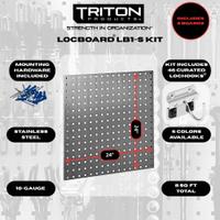 TRITON PRODUCTS Stationary Pegboard Panels: Square, 3/8 in Peg Hole Size, 24 in x 24 in x 9/16 in (MPN LB1-S Kit). Key specifications — Material: Stainless Steel; Finish: Brushed; Peg Hole Shape: Square; Includes: Mounting Hardware; Color: Stainless Steel; Brand: TRITON PRODUCTS.