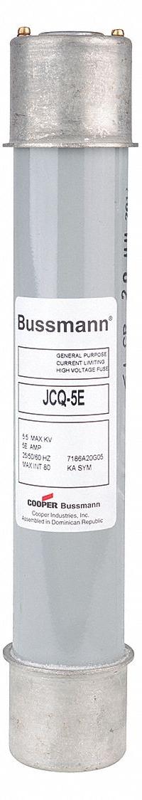 BUSSMANN Medium Voltage Fuse: JCQ Series, E-Rated, Time-Delay, 5 A, 5.5 kV AC, Indicating (MPN JCQ-5E). Key specifications — attr211188: BUSSMANN; attr1287189: JCQ.