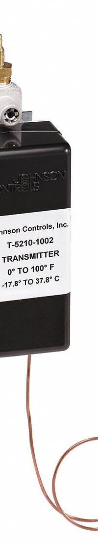 Pneumatic Temperature Transmitter: Remote Bulb Element, 50°F to 100°F, 20 psi to 25 psi, 1/8 in Barb (MPN T-5210-1001). Key specifications — Air Connection Type: Barb; Action Type: Direct Acting; Manufacturer Part Number: T-5210-1001; Brand: JOHNSON CONTROLS; Element Type: Remote Bulb; Mounting Style: Duct; Product Type: Pneumatic Temperature Transmitter.