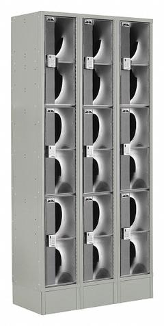 LOCKUP Wardrobe Locker: 36 in x 18 in x 82 in, Clearview, 3 Tiers, 3 Units Wide, Electronic Keypad (MPN LUPE-3W3T-PC1S-02-31-A). Key specifications — Brand: LOCKUP; Locker Color: Gray; Door Type: Clearview; Locker Material: Steel; Assembled: Assembled; Number Plate Included: No.
