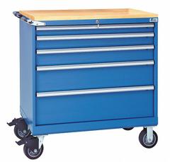 LISTA Modular Drawer Cabinet: 40 1/4 in x 22 1/2 in x 43 1/4 in, 5 Drawers, Tubular, Adj Dividers (MPN HS07-0505AB-MBKABB). Key specifications — Cabinet Color: Bright Blue; Frame Assembled: Assembled; Base Type: Casters; Drawer Inside Height: (1) 9 in; Drawer HxWxD: (1) 2 in x 36 in x 18 in; Work Surface Material: Butcher Block; Drawer Handle Type: Tubular; Cabinet Material: Steel.