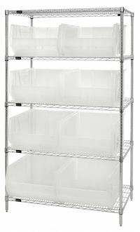 QUANTUM STORAGE SYSTEMS Bin Shelving: 42 in x 24 in x 74 in, 1 Sided, 8 Bins, Open, Clear, 5 Shelves (MPN WR5-955CL). Key specifications — Includes Bins: Yes; Bin Material: Polypropylene; Frame Color: Silver; Bin HxWxD: (8) 12 in x 18-1/4 in x 23-7/8 in; Frame Material: Steel; Bin Color: Clear; Bin Style: Hang and Stack; Brand: QUANTUM STORAGE SYSTEMS.