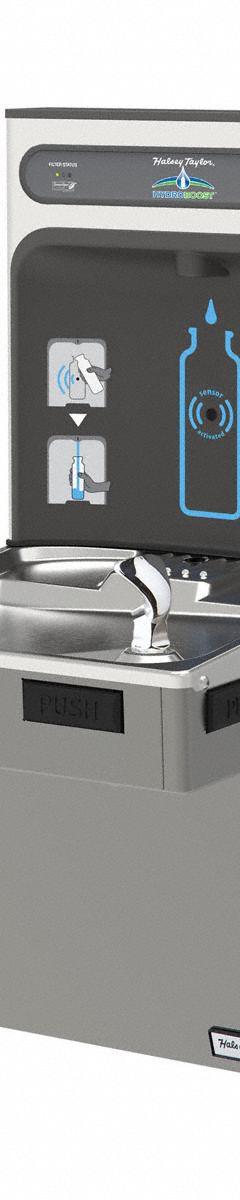 HALSEY TAYLOR Drinking Fountain with Bottle Filler: On-Wall, 8 gph @ 50°F, Steel, Silver (MPN HTHB-HAC8PV-WF). Key specifications — Brand: HALSEY TAYLOR; Housing Material: Steel; Filter Access: Bottom Panel Access; Housing Finish: Platinum Vinyl; Chilling Capacity: 8 gph @ 50°F; Housing Color: Silver.
