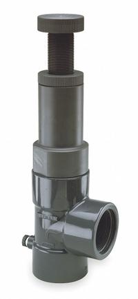 HAYWARD Adjustable Relief Valve: CPVC, FPM, 1/2 in x 1/2 in, FNPT x FNPT, 40°F to 150 psi (MPN RV2050T). Key specifications — Brand: HAYWARD.
