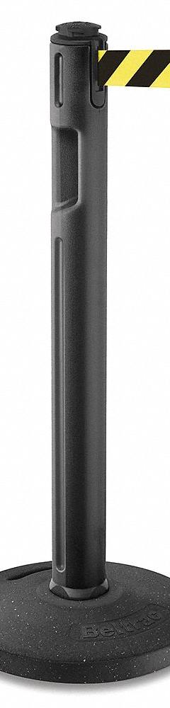 LAVI Barrier Post with Belt: Black/Yellow, Diagonal Stripe, No Legend, 12 ft Belt Lg, Black (MPN 80-5000R/BK/SF). Key specifications — Base Material: Rubber; Belt Color: Black/Yellow; Brand: LAVI; Post Material: Plastic; Post Color: Black; Message: No Legend.