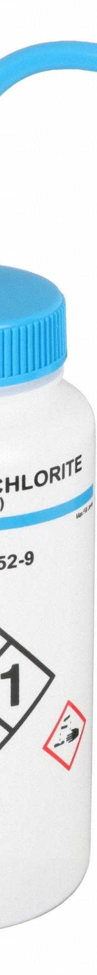 APPROVED VENDOR Wash Bottle: 500 mL, Bleach/Sodium Hypochlorite, Blue, Wide, Std Spout Spout, White (MPN 24J908). Key specifications — Closure Color: Blue; Vented/Nonvented: Nonvented; Body Color: White; Brand: APPROVED VENDOR; Imprinting Group: Specific Chemicals.