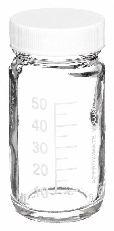 WHEATON Storage Bottle: 60 mL, 38-400 mm, Colorless, 48 Bottles, 43 mm Body Dia - Clear Wide Mouth Round Glass Lab Bottles