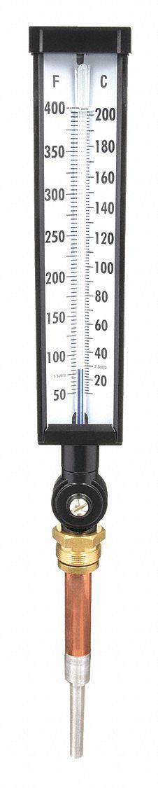 APPROVED VENDOR Industrial Glass Thermometer: 50°F to 400°F /10°C to 200°C - Adjustable-Angle Thermometers without Thermowell