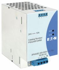 EATON DC Power Supply: DIN Rail, 240 W Output Power - Rated, 10 A Current - Output, Three Phase (MPN PSG240F24RM). Key specifications — attr1044898: Three; attr1044874: Metal; attr1044879: 400 to 500V AC; attr211400: EATON.