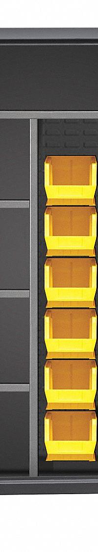 DURHAM MFG Bin Cabinet: 36 in x 24 in 78 in, 4 Shelves, 60 Bins, Yellow, Flush/Solid, 12 ga Panel (MPN HDJC243678-60-4S95). Key specifications — Bin Color: Yellow; Bin HxWxD: (12) 8 in x 15 in x 7 in; Assembled: Assembled; Cabinet Style: Shelf and Bin; Brand: DURHAM MFG; Cabinet Color: Gray; Cabinet Finish: Powder Coated; Cabinet Material: Steel.