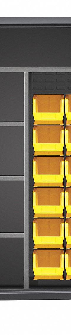 DURHAM MFG Bin Cabinet: 36 in x 24 in 78 in, 4 Shelves, 60 Bins, Yellow, Flush/Solid, 12 ga Panel (MPN HDJC243678-60-4S95). Key specifications — Bin Color: Yellow; Bin HxWxD: (12) 8 in x 15 in x 7 in; Assembled: Assembled; Cabinet Style: Shelf and Bin; Brand: DURHAM MFG; Cabinet Color: Gray; Cabinet Finish: Powder Coated; Cabinet Material: Steel.
