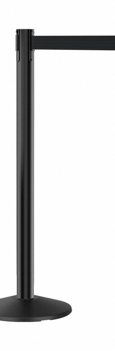 RETRACTA-BELT Barrier Post with Belt: Black, No Pattern, No Legend, 7 ft Belt Lg, Black - Solid-Color Retractable Belt Post Barriers