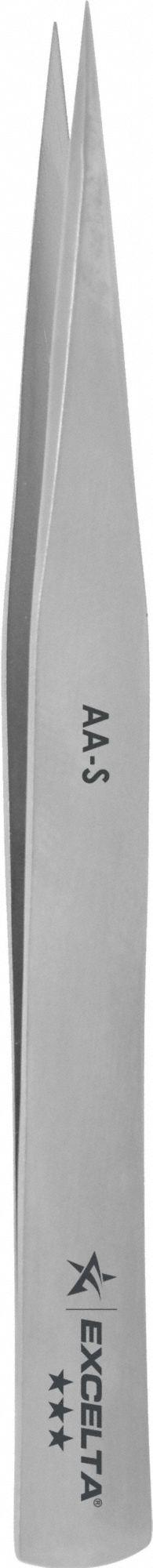EXCELTA Tweezers: Stainless Steel, Point, Straight Tip, 0.008 in Tip Thick (MPN AA-S). Key specifications — attr1002355: Stainless Steel; attr1002345: EXCELTA; attr1002348: Stainless Steel; attr1002358: Smooth; attr1002361: AA-S; attr1024781: Standard.