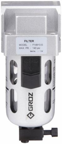 GROZ Compressed Air Filter: Particulate, 1/4 in NPT, 40 micron, 49 cfm, 145 psi Max Op Pressure (MPN F14913-S). Key specifications — attr110055: Intermediate Duty; attr110008: GROZ.