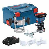 BOSCH Router: CORE18V®, Battery Included, Plunge Base, 1.39 hp, 30,000 RPM, 1/4 in Collet, 2.25 (MPN GKF18V-25PL14). Key specifications — attr217755: (1) Charger; attr217749: 4 Ah; attr217752: Brushless; attr217778: 2.25.