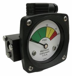 MIDWEST INSTRUMENT 3-Color Differential Pressure Indicator: 1,000 psig Max. Static Pressure, 522 (MPN 522A-020-LA). Key specifications — Brand: MIDWEST INSTRUMENT; Accuracy: ±5% of Full Scale; Sensor Material: Buna-N; Housing Material: Aluminum; Transition Points: 0 psid to 10 psid (Green) / 10 psid to 15 psid (Yellow) / 15 psid to 20 psid (Red).